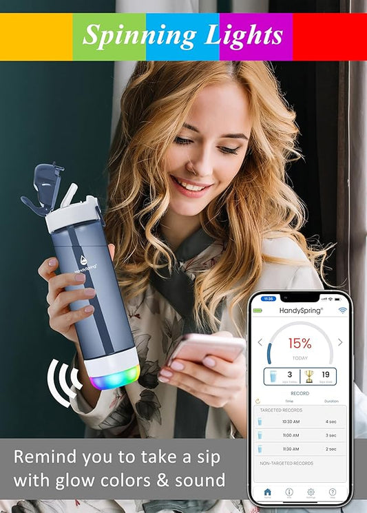 Botella de agua inteligente con recordatorio para beber agua, luces y sonido, rastreador de ingesta de agua, recargable, plástico Tritan con pajilla, regalos para mujeres, hombres, mamá.